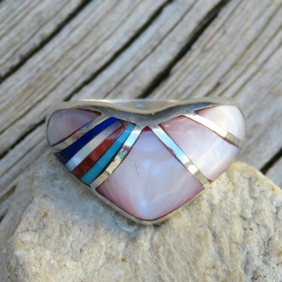 Vintage Jewelry - Vintage Navajo 925 MOP Turquoise Heart Inlay Ring